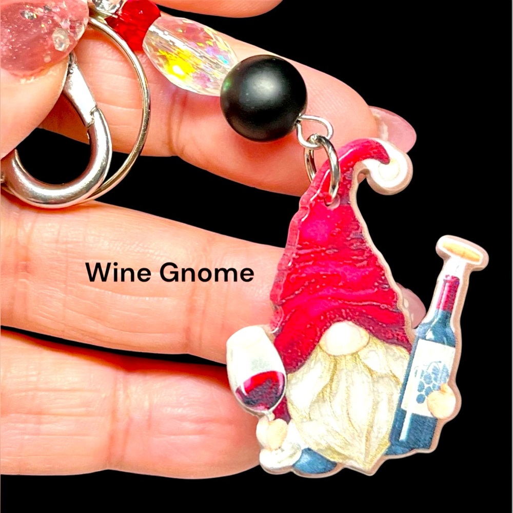 WINE TIME-male gnome, zipper pull or purse bling-red black and silver
